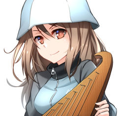 Rule 34 | 10s, 1girl, blue hat, brown eyes, brown hair, girls und panzer, hat, healther, instrument, jacket, kantele, light smile, long hair, looking at viewer, mika (girls und panzer), military, military uniform, portrait, solo, track jacket, uniform, white background