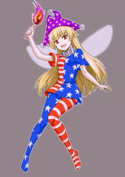 Rule 34 | 1girl, american flag dress, american flag legwear, blonde hair, clownpiece, dress, eyebrows hidden by hair, fairy wings, full body, grey background, hat, highres, holding, holding torch, jester cap, kakone, long hair, looking at viewer, neck ruff, open mouth, pantyhose, polka dot, polka dot background, purple hat, red eyes, short sleeves, simple background, smile, solo, star (symbol), star print, striped clothes, striped dress, striped pantyhose, torch, touhou, wings