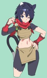 Rule 34 | 1girl, ;(, animal ears, arm guards, armor, bare shoulders, black hair, black nails, body fur, breasts, brown skirt, cat ears, cat girl, cat tail, closed mouth, crop top, cropped legs, doll, dungeon meshi, fang, fang out, green background, hand on own hip, hand up, highres, holding, holding doll, izutsumi, leather armor, midriff, mismatched animal ear colors, nail polish, navel, one eye closed, ouma bunshichirou, pelvic curtain, short hair, simple background, skirt, sleeveless, small breasts, tail, yaad (dungeon meshi)