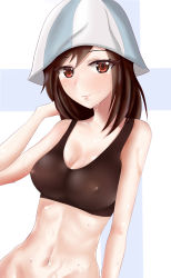 Rule 34 | 10s, 1girl, absurdres, arm at side, bare shoulders, blue hat, blush, breasts, brown hair, collarbone, covered erect nipples, eyelashes, fanqie shalo, girls und panzer, hand in own hair, hand up, hat, highres, looking at viewer, medium breasts, mika (girls und panzer), navel, red eyes, sleeveless, solo, stomach, striped clothes, striped headwear, sweat, tank top, upper body, wet