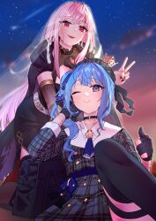 Rule 34 | 2girls, belt, black gloves, black nails, black tiara, blue eyes, blue hair, cloak, cloud, fingerless gloves, gloves, hair ribbon, hand in own hair, hand on another&#039;s shoulder, highres, hololive, hololive english, hood, hooded cloak, hoshimachi suisei, hoshimachi suisei (1st costume), linkuan, looking at viewer, mori calliope, mori calliope (1st costume), multiple girls, night, night sky, one eye closed, partially fingerless gloves, ribbon, shooting star, sky, star (sky), starry sky, thumbs up, tiara, twilight, v, virtual youtuber, white belt
