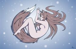 Rule 34 | 1girl, animal ears, breasts, brown hair, completely nude, holo, long hair, lying, medium breasts, nipples, nude, on side, red eyes, solo, spice and wolf, tail, wolf ears, wolf girl, wolf tail