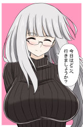 Rule 34 | 1girl, black sweater, blunt bangs, blush, border, breasts, closed eyes, closed mouth, commentary, facing viewer, glasses, heidimarie w. schnaufer, highres, large breasts, long hair, outside border, pink background, ribbed sweater, rimless eyewear, shikokuken (mrykk24), simple background, smile, solo, sweater, translated, turtleneck, upper body, white border, white hair, world witches series