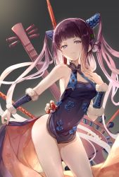 Rule 34 | 1girl, absurdres, bad id, bad pixiv id, bare shoulders, black dress, blunt bangs, breasts, china dress, chinese clothes, closed mouth, dampi, dress, fate/grand order, fate (series), floral print, fur trim, hair ornament, highres, leaf hair ornament, light smile, long hair, looking at viewer, medium breasts, pipa (instrument), purple eyes, purple hair, short dress, solo, standing, wrist cuffs, yang guifei (fate), yang guifei (second ascension) (fate)