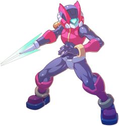 Rule 34 | 1boy, arm blade, armor, energy blade, full body, fusion, hashtag-only commentary, helmet, hi-go!, highres, male focus, mega man (series), mega man zero (series), one-eyed, pantheon (mega man), red armor, red footwear, red helmet, simple background, solo, weapon, white background, zero(z) (mega man), zero (mega man)