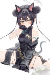 1girl absurdres animal_ears black_dress black_gloves black_hair blue_archive breasts cat_ears china_dress chinese_clothes coat double_bun dress gloves grey_coat grey_eyes grey_halo hair_bun halo hidulume highres kisaki_(blue_archive) long_hair long_sleeves simple_background sitting_split sleeveless sleeveless_dress small_breasts solo split spread_legs striped_clothes striped_coat twintails vertical-striped_clothes vertical-striped_coat white_background