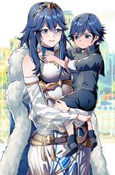 Rule 34 | 1boy, 1girl, :o, aged down, alternate costume, ameno (a meno0), armor, armored dress, bare shoulders, belt, blue cape, blue eyes, blue footwear, blue hair, blue shirt, blue shorts, breastplate, brown belt, cape, carrying, carrying person, child, chrom (fire emblem), closed mouth, crossed belts, detached sleeves, dress, father and daughter, fire emblem, fire emblem awakening, fur-trimmed cape, fur trim, hair between eyes, highres, jewelry, long hair, lucina (fire emblem), nintendo, see-through, shirt, shoes, short hair, short sleeves, shorts, smile, tiara, time paradox, white dress, white sleeves