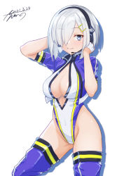 Rule 34 | 1girl, absurdres, ayuman, blue eyes, blue jacket, breasts, cleavage cutout, clothing cutout, commission, contrapposto, cowboy shot, cropped jacket, dated, gloves, hair ornament, hair over one eye, hairclip, half gloves, hamakaze (kancolle), headphones, headset, highleg, highleg leotard, highres, jacket, kantai collection, large breasts, leotard, looking at viewer, microphone, race queen, short hair, signature, silver hair, simple background, solo, white background, white gloves, white leotard