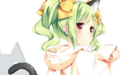 Rule 34 | 1girl, animal ears, animal hood, blush, bow, cat ears, cat hood, cat tail, green hair, hair bow, hair ornament, hood, hoodie, jpeg artifacts, kani biimu, looking back, original, paw pose, red eyes, side ponytail, solo, tail, twintails