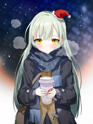 Rule 34 | 1girl, absurdres, bag, bang dream!, bang dream! it&#039;s mygo!!!!!, black coat, blue scarf, blush, brown bag, chinese commentary, closed mouth, coat, commentary request, cup, dated commentary, disposable cup, green hair, hair ornament, hairclip, hat, highres, holding, holding cup, long hair, long sleeves, looking at viewer, mini hat, santa hat, scarf, shoulder bag, solo, wakaba mutsumi, yellow eyes, yzj21333