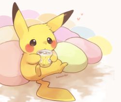 Rule 34 | artist name, commentary request, creatures (company), cup, cushion, game freak, gen 1 pokemon, heart, holding, holding cup, konanbo, liquid, nintendo, no humans, pikachu, pokemon, pokemon (creature), sitting, solo, steam, yellow fur