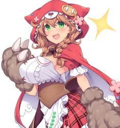 Rule 34 | 1girl, :d, amane hasuhito, animal hands, braid, breasts, brown hair, cape, fang, gloves, green eyes, large breasts, looking at viewer, nijisanji, open mouth, paw gloves, plaid, plaid skirt, red cape, red hood, red skirt, simple background, skin fang, skirt, smile, solo, twin braids, virtual youtuber, warabeda meiji, white background