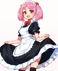 Rule 34 | 1girl, alternate costume, apron, black dress, black legwear, blush, bow, bowtie, dress, frilled dress, frills, gyunre, highres, kantai collection, maid, maid headdress, open mouth, pink eyes, pink hair, red bow, red bowtie, sazanami (kancolle), short sleeves, short twintails, simple background, skirt hold, solo, twintails, white apron, white background