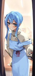 Rule 34 | 1girl, absurdres, adarin, apron, axe, bandaid, bandaid on hand, blue eyes, blue hair, casual, door, highres, holding, holding axe, hololive, hoshimachi suisei, long hair, looking at viewer, open door, side ponytail, solo, sweat, sweatdrop, sweater, virtual youtuber, weapon behind back