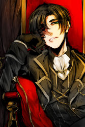 Rule 34 | 1boy, black hair, bored, chair, ascot, formal, gloves, green eyes, heterochromia, male focus, open mouth, red eyes, scar, sitting, solo, suit, tales of (series), tales of xillia, tales of xillia 2, tassel, teeth, throne, victor (tales), warakusa