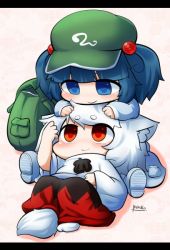 Rule 34 | 2girls, animal ears, backpack, bad id, bad twitter id, bag, blue eyes, blue hair, boots, chibi, hands on another&#039;s head, hat, inubashiri momiji, inunoko., kawashiro nitori, multiple girls, red eyes, smile, tail, touhou, twintails, two side up, white hair, wolf ears, wolf tail