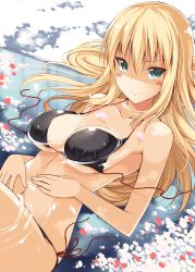 Rule 34 | &gt;:), 10s, 1girl, bikini, bismarck (kancolle), black bikini, blonde hair, blue eyes, blush, breasts, cleavage, kantai collection, large breasts, long hair, looking at viewer, ohta yuichi, partially submerged, side-tie bikini bottom, smile, solo, swimsuit, v-shaped eyebrows, water