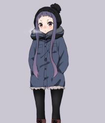 Rule 34 | 1girl, beanie, black hat, black pantyhose, blue coat, blush, boots, breath, brown eyes, brown footwear, closed mouth, coat, cross-laced footwear, hands in pockets, hat, hood, hood down, hooded coat, lace-up boots, long hair, long sleeves, nuno (pppompon), pantyhose, purple background, purple hair, shima rin, sidelocks, simple background, solo, standing, very long hair, yurucamp