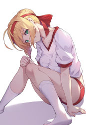 Rule 34 | 10s, 1girl, bare legs, blonde hair, breasts, buruma, closed mouth, collarbone, double bun, fate/extra, fate/grand order, fate (series), green eyes, gym uniform, hair bun, hair ribbon, hairband, highres, knees together feet apart, knees up, looking at viewer, medium breasts, nero claudius (fate), nero claudius (fate) (all), nero claudius (fate/extra), nero claudius (olympian bloomers) (fate), nian (zhanian), no shoes, official alternate costume, red buruma, red hairband, red ribbon, ribbon, shadow, shirt, sitting, smile, socks, solo, white shirt, white socks