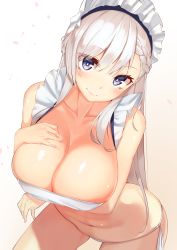 Rule 34 | 1girl, absurdres, asymmetrical bangs, azur lane, bad id, bad pixiv id, belfast (azur lane), bikini, blue eyes, blush, braid, breast hold, breasts, collarbone, commentary request, cowboy shot, eyes visible through hair, french braid, frills, gradient background, hand on own chest, head tilt, highres, large breasts, looking at viewer, maid headdress, pink lips, sakura cha, shiny skin, side-tie bikini bottom, silver hair, skindentation, solo, standing, stomach, swept bangs, swimsuit, thighs, white bikini