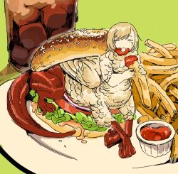 Rule 34 | 1girl, blonde hair, burger, centauroid, claws, closed eyes, dragon girl, dragon tail, drink, dungeon meshi, eating, falin touden, falin touden (chimera), feathered wings, feathers, food, food on face, french fries, full body, green background, hand up, hands up, highres, holding, holding food, ketchup, mini person, minigirl, monster girl, open mouth, plate, ryugure, short hair, simple background, sitting, soda, spoilers, tail, taur, wings