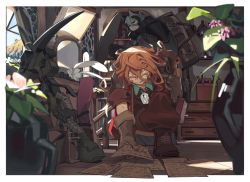 Rule 34 | backpack, bag, blonde hair, book, bookmark, bookshelf, boots, bottle, closed eyes, flower, gloves, hat, highres, indoors, knifedragon, lyza (made in abyss), made in abyss, multicolored hair, multiple girls, ozen, paper, pickaxe, picking up, shelf, smile, sunlight, tools, two-tone hair, vase, whistle, window