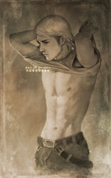 Rule 34 | 1boy, abs, arms up, art of neight, artist name, belt, brown theme, commentary, cowboy shot, english commentary, facial hair, highres, jean kirstein, logo, looking away, male focus, monochrome, navel, nipples, pants, shingeki no kyojin, shirt, short hair, short sleeves, sideburns, solo, stubble, twitter logo, undressing