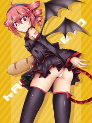 Rule 34 | 1girl, ass, bread, detached sleeves, drill hair, food, kasane teto, looking back, panties, red hair, shimo (depthbomb), solo, thighhighs, twin drills, twintails, underwear, upskirt, utau, vocaloid, wings