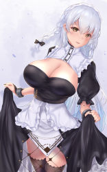 Rule 34 | 1girl, azur lane, black bow, black dress, bow, breasts, brown eyes, cleavage cutout, clothing cutout, dress, hair bow, hermione (azur lane), highres, large breasts, long hair, puffy sleeves, shounen (hogehoge), skirt hold, solo, thighhighs, white hair