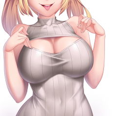 Rule 34 | 1girl, blonde hair, blush, breasts, cleavage, head out of frame, highres, large breasts, lucknight, meme attire, open-chest sweater, open mouth, original, ribbed sweater, short hair, simple background, sleeveless, smile, solo, sweater, tongue, tongue out, twintails, white background