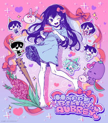 Rule 34 | 2girls, 3boys, absurdres, aubrey (headspace) (omori), aubrey (omori), barefoot, baseball bat, basil (headspace) (omori), basil (omori), birthday cake, blue dress, bow, cake, chibi, copyright notice, dress, flower, food, gift, gradient background, hair bow, happy birthday, hat, hero (headspace) (omori), hero (omori), highres, holding, holding plate, llll nnmn, long hair, mari (headspace) (omori), mari (omori), multiple boys, multiple girls, nail, nail bat, official art, omori, omori (omori), one eye closed, open mouth, outline, party hat, pink background, pink hair, plate, teeth, upper teeth only, white outline