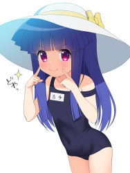 Rule 34 | &gt;:), 1girl, bare arms, bare shoulders, blue hair, blunt bangs, closed mouth, commentary request, furude rika, gaou (babel), hands up, hat, higurashi no naku koro ni, long hair, old school swimsuit, red eyes, school swimsuit, simple background, smile, solo, sparkle, strap slip, sun hat, swimsuit, v-shaped eyebrows, very long hair, white background, white hat