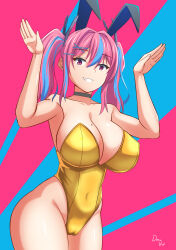Rule 34 | 1girl, absurdres, alternate costume, animal ears, ass, azur lane, bare arms, bare shoulders, blue background, blue hair, breasts, bremerton (azur lane), cameltoe, cleavage, cleft of venus, commentary request, covered navel, cowboy shot, curvy, deera indrawan, fake animal ears, grey choker, grin, groin, hair intakes, hair ornament, hairclip, hands up, highleg, highleg leotard, highres, large breasts, leotard, long hair, looking at viewer, mole, mole on breast, multicolored hair, pink background, pink eyes, pink hair, playboy bunny, rabbit ears, rabbit pose, shiny skin, smile, solo, standing, streaked hair, thighs, twintails, two-tone background, wide hips, yellow leotard