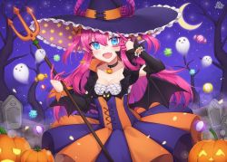 Rule 34 | 1girl, :d, bare tree, black choker, black wings, blue eyes, bow, breasts, candy wrapper, choker, cleavage, collarbone, commentary request, crescent moon, curled horns, dragon horns, dress, elizabeth bathory (fate), elizabeth bathory (halloween caster) (fate), fang, fate/grand order, fate (series), ghost, hair bow, hat, highres, holding, horns, horns through headwear, jack-o&#039;-lantern, long hair, low wings, moon, night, night sky, open mouth, orange bow, outdoors, pink hair, pleated dress, polearm, polka dot, pong (vndn124), purple hat, sky, small breasts, smile, solo, star (sky), star (symbol), star print, starry moon, starry sky, striped clothes, striped dress, tombstone, tree, trident, two side up, v over eye, vertical-striped clothes, vertical-striped dress, very long hair, weapon, wings, witch hat