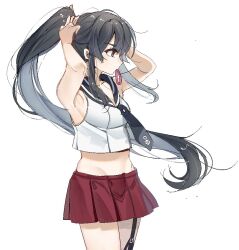 1girl adjusting_hair anchor_symbol arms_up black_hair black_sailor_collar breasts brown_eyes crop_top from_side garter_straps hair_tie_in_mouth kantai_collection kaomoji_(sagor00237) long_hair medium_breasts midriff mouth_hold pleated_skirt ponytail profile sailor_collar sidelocks single_garter_strap skirt sleeveless solo tying_hair very_long_hair white_background yahagi_(kancolle)