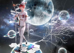 Rule 34 | 1boy, absurdres, armband, backlighting, baton, branch, feathers, formal, fukase, hat, highres, medal, mini hat, mini top hat, minirainy (h2o2), moon, original, red hair, road sign, sheet music, sign, space, speaker, suit, top hat, train, treble clef, vocaloid, walking