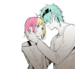 Rule 34 | 2boys, ahoge, androgynous, aqua hair, bad id, bad twitter id, blonde hair, blue hair, blush, earrings, erubo, green eyes, hair over eyes, hand on another&#039;s cheek, hand on another&#039;s face, headband, height difference, jewelry, looking at another, male focus, multicolored hair, multiple boys, original, pink hair, ronaldo castroneves, short hair, simple background, split-color hair, theodor bachstein, trap, white background, yaoi