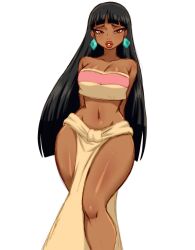 Rule 34 | 1girl, absurdres, black hair, breasts, brown eyes, chel (the road to el dorado), cleavage, curvy, dangle earrings, dark skin, earrings, groin, highres, jewelry, large breasts, long hair, navel, parted lips, simmsy, solo, strapless, the road to el dorado, thick lips, tube top, wide hips