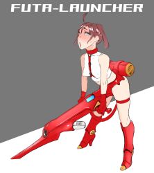 Rule 34 | 2021, ahegao, ahoge, beam cannon, blue eyes, blush, brown hair, drooling, english text, futanari, gloves, highres, machine, original, phallic symbol, red gloves, saliva, saliva trail, short twintails, simple background, sketch, solo, strap, twintails, wana b, weapon