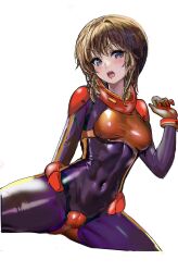 1girl black_bodysuit blue_eyes blush bodysuit breasts cameltoe covered_navel gloves gundam gundam_zz highres huo_ji_wu impossible_bodysuit impossible_clothes looking_at_viewer mecha_pilot_suit normal_suit open_mouth orange_hair puru_two red_gloves shiny_clothes short_hair sidelocks simple_background skin_tight small_breasts solo spread_legs taut_bodysuit white_background