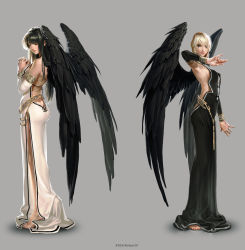 Rule 34 | 2girls, angel, angel wings, armlet, ass, backless outfit, barefoot, black hair, black wings, blonde hair, blue eyes, bracer, breasts, butt crack, chain, detached sleeves, dress, closed eyes, feathers, hands on own chest, highres, jewelry, long hair, lots of jewelry, mabinogi, macha (mabinogi), medium breasts, morrighan, multiple girls, neck ring, official art, own hands clasped, own hands together, sideboob, wings