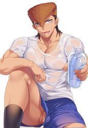 Rule 34 | 1boy, alternate costume, black hair, blue shorts, blush, bottle, brown hair, collarbone, danganronpa: trigger happy havoc, danganronpa (series), fang, grey background, hair between eyes, highres, holding, holding bottle, knee up, lower teeth only, male focus, multicolored hair, muscular, muscular male, no male underwear, owada mondo, open mouth, p3ta (yio), penis, pompadour, shirt, shorts, simple background, sitting, socks, sweat, teeth, uncensored, water, wet, wet clothes, wet shirt, white shirt