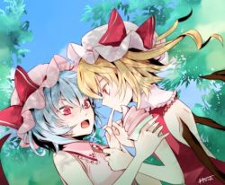 Rule 34 | 2girls, adapted costume, bad id, bad pixiv id, bare back, blonde hair, blue hair, bow, fang, female focus, finger in mouth, finger sucking, flandre scarlet, food, hat, hat bow, hino mamori, ice cream, incest, multiple girls, open mouth, red eyes, remilia scarlet, short hair, side ponytail, sleeveless, slit pupils, surprised, touhou, wings, yuri