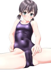 Rule 34 | 1girl, absurdres, black hair, breasts, cameltoe, clothes writing, commentary request, competition swimsuit, covered navel, highres, low twintails, one-piece swimsuit, original, purple one-piece swimsuit, short hair, simple background, small breasts, solo, spread legs, swimsuit, takafumi, twintails, white background