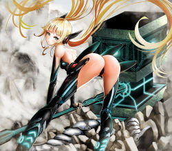 Rule 34 | 1girl, armor, ass, bent over, blonde hair, building, drakente, from behind, green eyes, hammer, long hair, looking back, original, outdoors, smoke, solo, twintails, very long hair, weapon