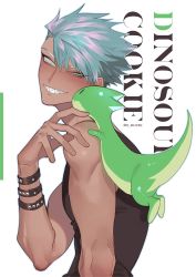 Rule 34 | asymmetrical bangs, black tank top, blue hair, bracelet, character name, cookie run, creature, creature on shoulder, dark-skinned male, dark skin, dino-sour cookie, dotsuco, green eyes, grin, hand up, highres, jewelry, light blue hair, male focus, mismatched eyebrows, on shoulder, sharp teeth, short hair, smile, solo, spiked bracelet, spiked hair, spikes, tank top, teeth, toned, toned male, tsurime, undercut, uneven eyes, upper body