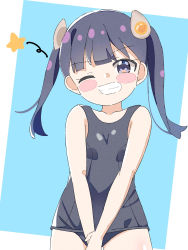 Rule 34 | 1girl, bare arms, bare shoulders, black hair, black one-piece swimsuit, blue background, blue eyes, blush stickers, collarbone, commentary request, cowboy shot, egg hair ornament, food-themed hair ornament, grin, hair ornament, highres, kapuru 0410, long hair, looking at viewer, multicolored hair, old school swimsuit, one-piece swimsuit, one eye closed, original, own hands together, school swimsuit, smile, solo, standing, swimsuit, twintails, two-tone hair, white background