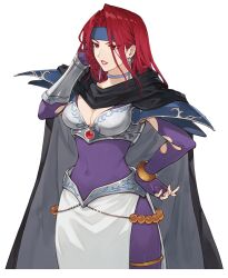 Rule 34 | 1girl, armor, artist request, atelier (series), atelier marie, bikini armor, blue headband, bodystocking, bracelet, breasts, cape, cleavage, gloves, hand on own hip, headband, jewelry, kirielich wagnah, loincloth, long hair, medium breasts, official art, parted lips, red eyes, red hair, red lips, shoulder armor, shoulder pads, simple background, single vambrace, solo, standing, vambraces