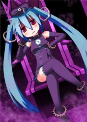 Rule 34 | 1girl, aqua hair, chair, dutch angle, elbow gloves, gloves, hat, hatsune miku, crossed legs, long hair, minami (colorful palette), peaked cap, project diva (series), project diva f, red eyes, sadistic music factory (vocaloid), sitting, solo, thighhighs, twintails, very long hair, vocaloid