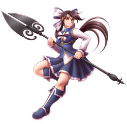Rule 34 | 1girl, black hair, blue footwear, blue skirt, boots, borrowed character, bow, commentary, fill (mefomefo), full body, hair bow, highres, long hair, looking at viewer, mazume, original, ponytail, skirt, smile, solo, weapon, white background, white bow, yellow eyes